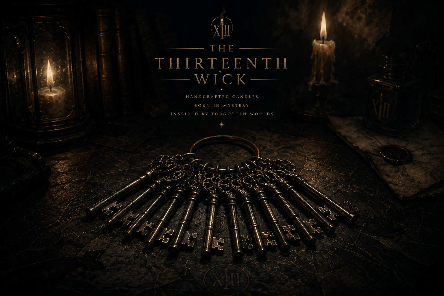 A collection of antique keys on a dark, textured surface, surrounded by lit candles and old books, with text promoting a scented candle line inspired by 'The Thirteenth Wick' fantasy series.