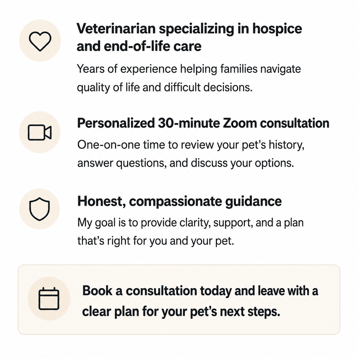 Text-based advertisement for a veterinarian specializing in hospice and end-of-life care for pets, highlighting personalized consultations, compassionate guidance, and appointment booking.