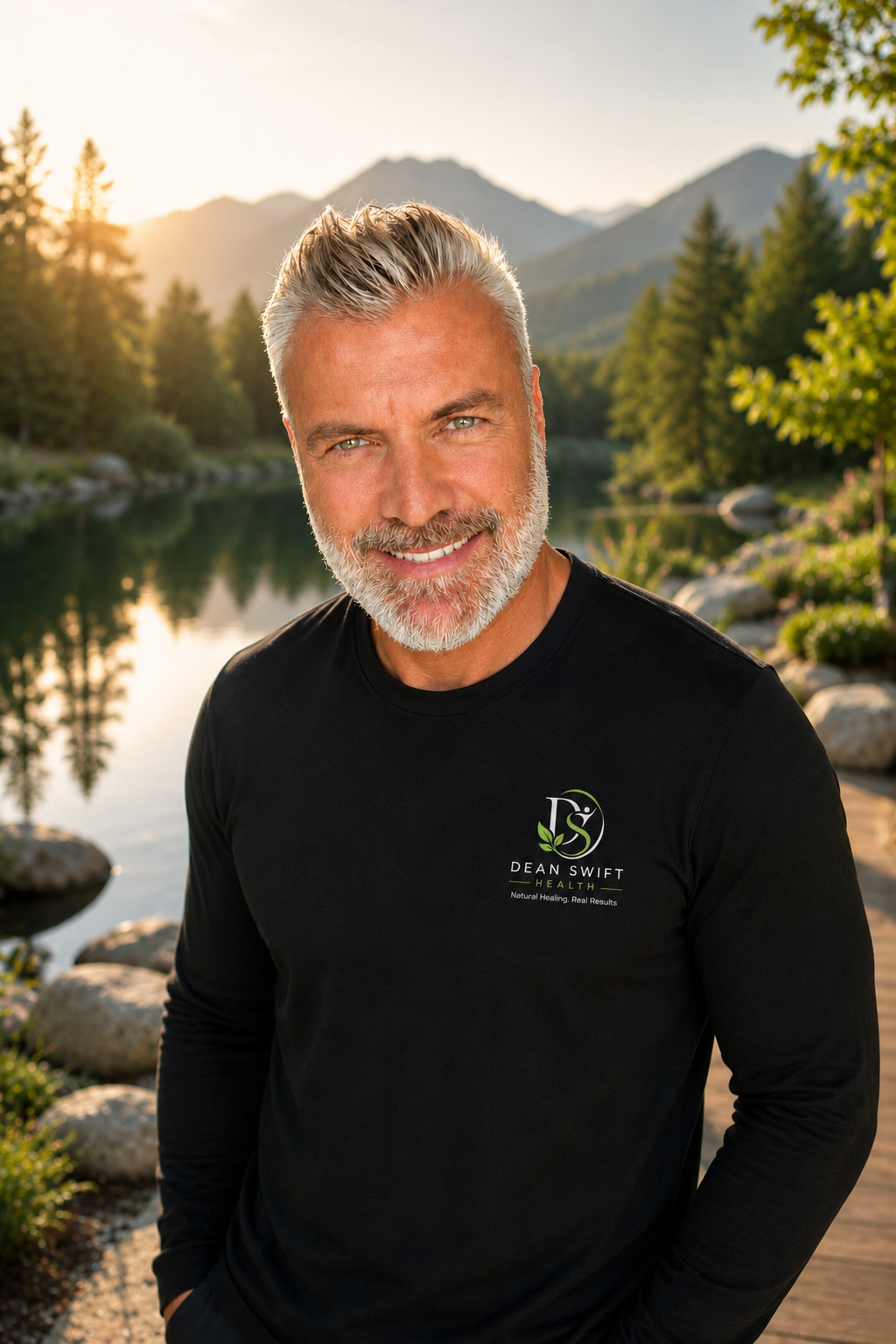 A smiling man with gray hair and beard outdoors by a lake, wearing a black shirt with 'Dean Swift Health' logo, mountains and trees in the background at sunset.