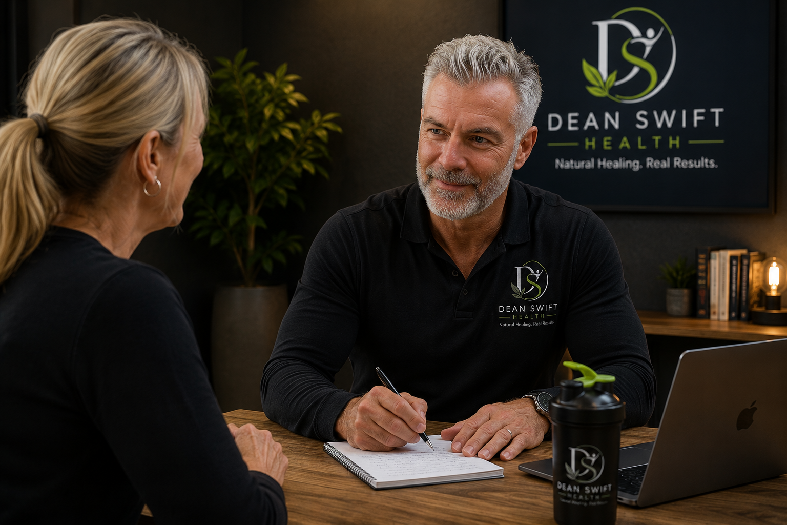 A man and a woman sitting at a wooden table in an office, having a conversation. The man is taking notes on a notepad, and there is a laptop and a black water bottle with a logo that says 'Dean Swift Health' on the table. Behind them, a screen displays the same logo and some text.