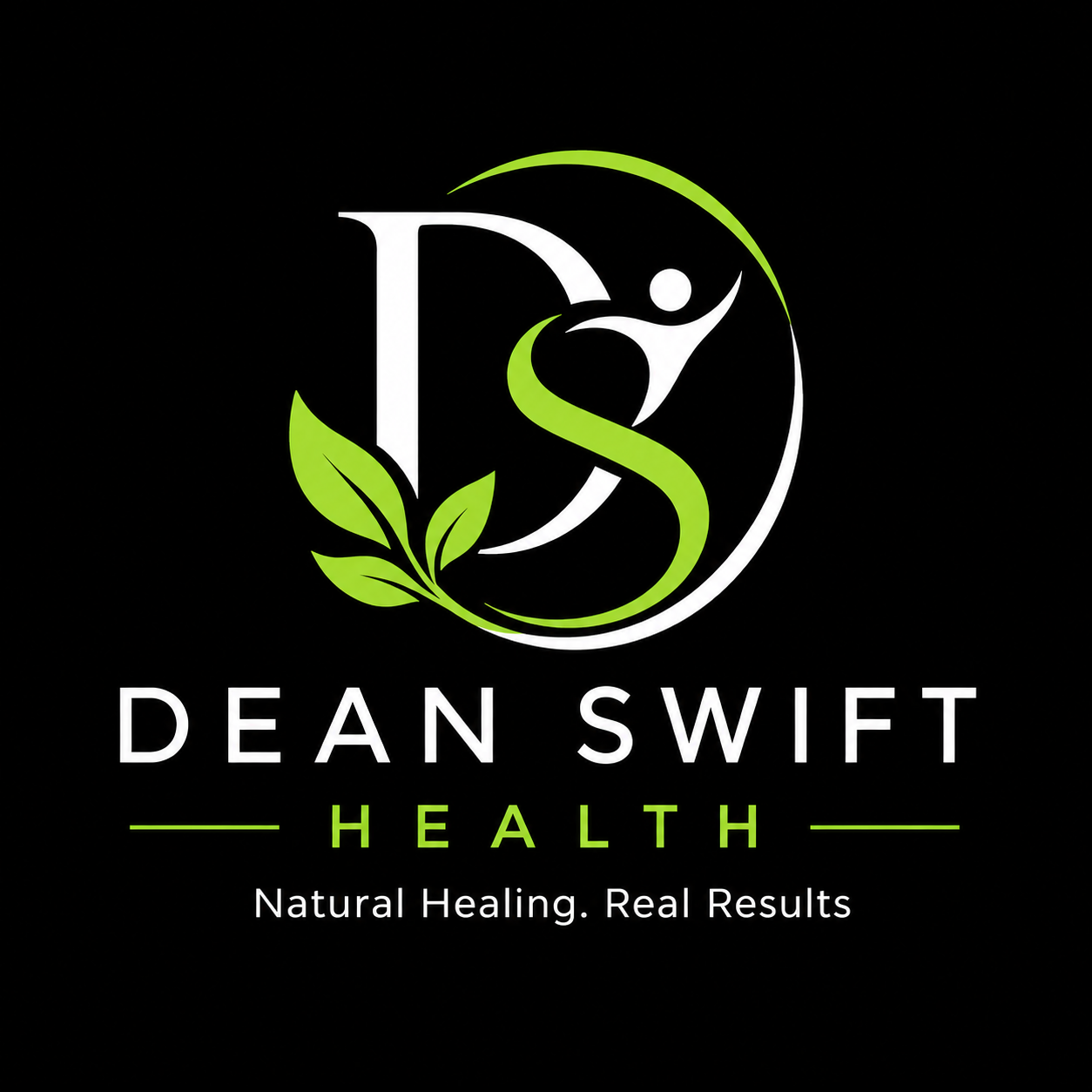 Logo for Dean Swift Health featuring a stylized letter D and S with a leaf and human figure, black background, green and white text that says 'Natural Healing. Real Results.'