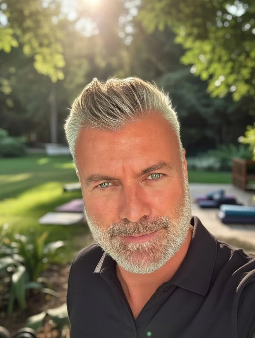 A close-up selfie of a mature man with gray hair and beard, outdoors in a park or garden with greenery and sunlight in the background.