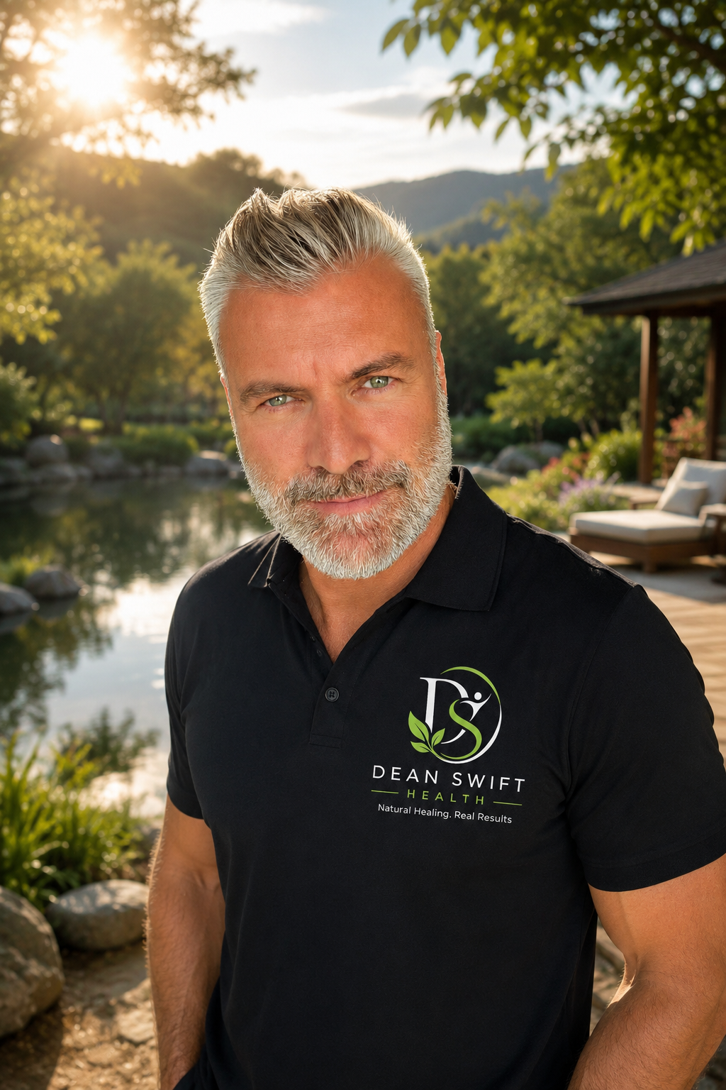 A bearded man with gray hair, wearing a black polo shirt with the logo and text 'Dean Swift Health' on it, standing outdoors near a lake with trees and mountains in the background during sunset.