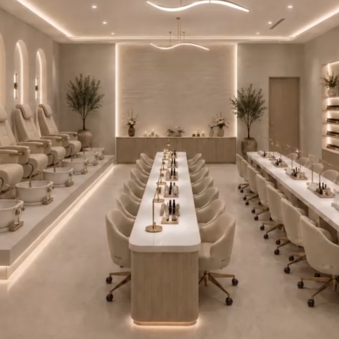 A luxury nail salon with pedicure chairs on the left and manicure stations on the right, featuring white furniture, warm lighting, and decorative plants.