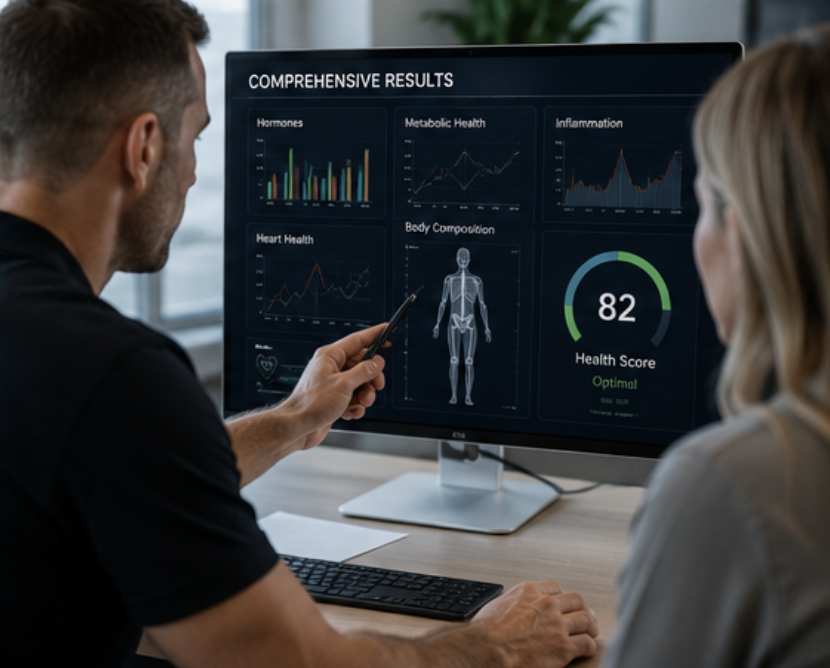 Two people analyzing health data on a computer monitor showing various health metrics and graphs.