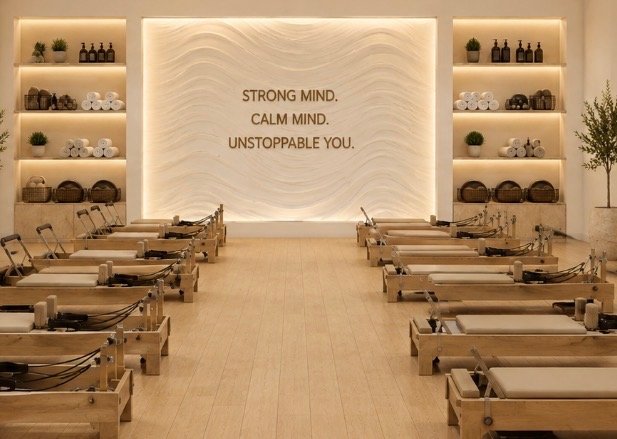 Interior of a wellness or massage therapy room with multiple massage beds arranged in rows, shelves with towels and decorative items, and a wall with inspirational text that reads 'Strong mind. Calm mind. Unstoppable you.'