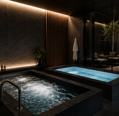 Indoor spa with two heated baths, one bubbling and one clear, in a modern luxurious setting with dark walls, warm lighting, and a glass wall with outdoor seating.