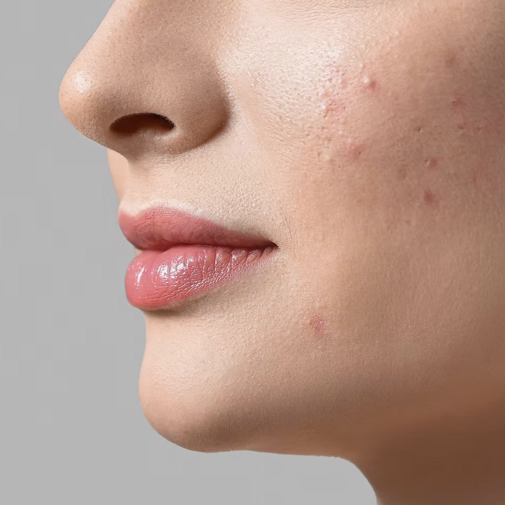 Close-up of a person's face showing nose, lips, and chin with some acne and skin imperfections on the cheek.