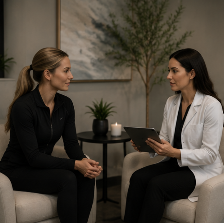 A woman in a white coat speaking with a woman in black athletic clothing during a counseling session in a cozy, well-decorated room.