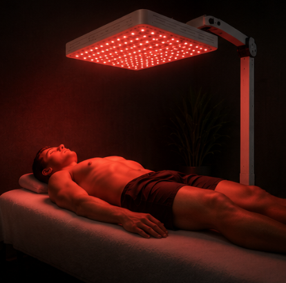 A man lying on a bed under a red infrared therapy lamp in a dark room.