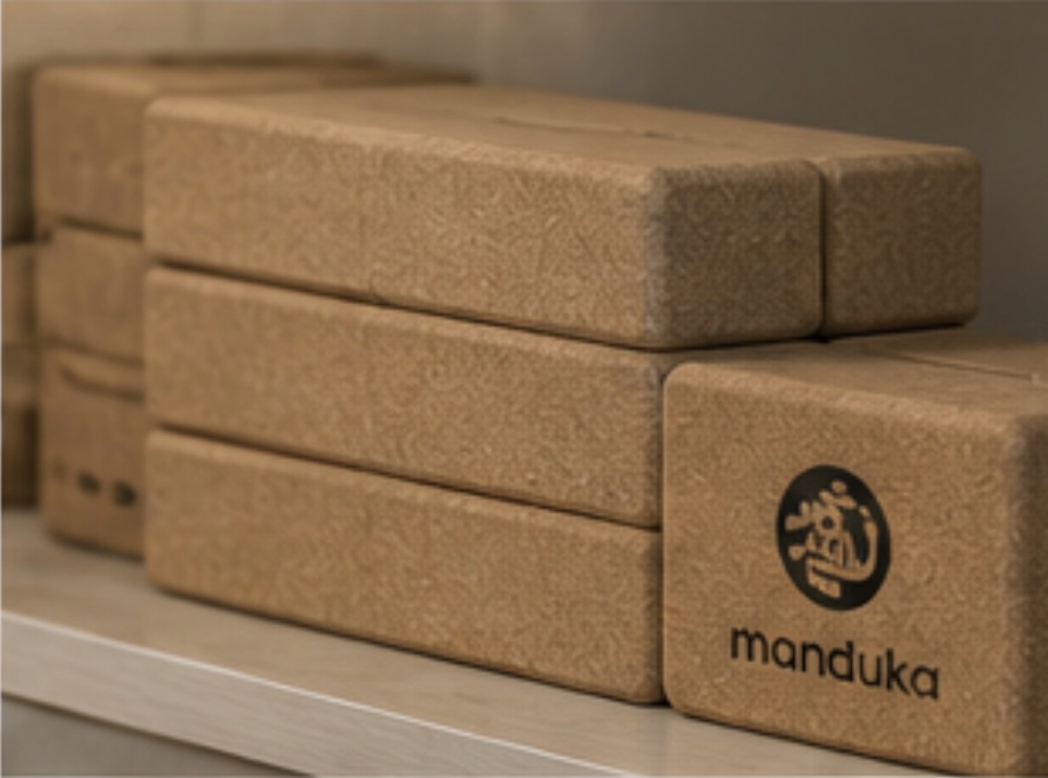 Stack of wooden blocks, with one block displaying a logo and the word 'manduka'.