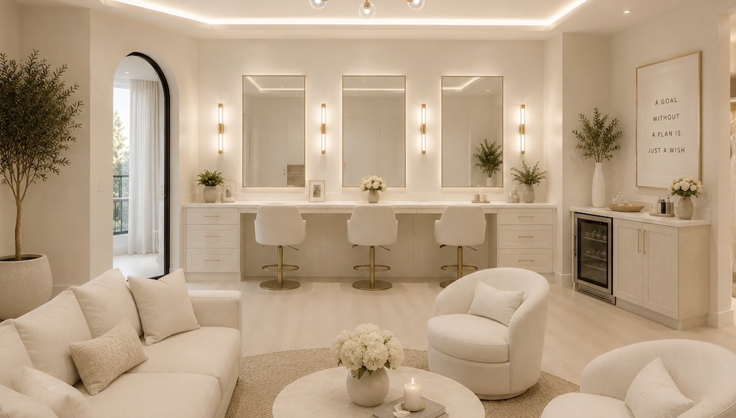 A modern, bright living room with white furniture, including a sofa and chairs, a marble coffee table with a bouquet of white flowers, and a bar area with three white stools. The room has large mirrors, potted plants, and decorative wall art with an inspirational quote. The decor is minimalist with warm lighting.