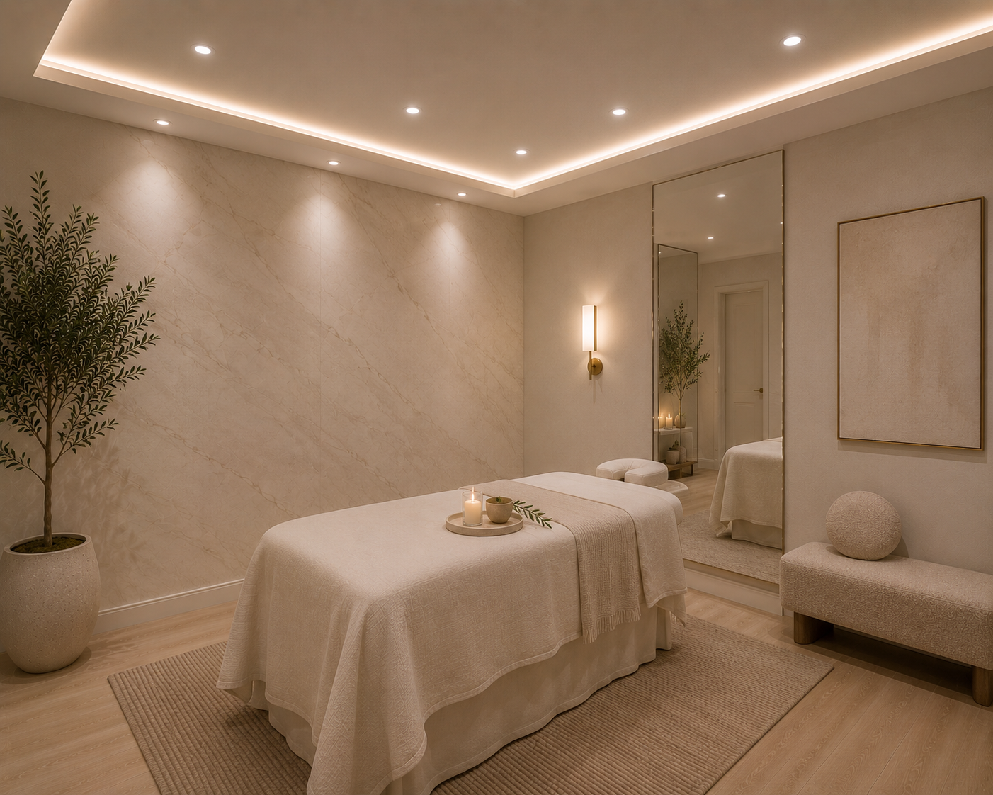 A serene massage room with a bed covered in white linens, lit candles, and green leaves on a tray. The room features a large mirror, potted plant, beige walls, and warm ambient lighting.