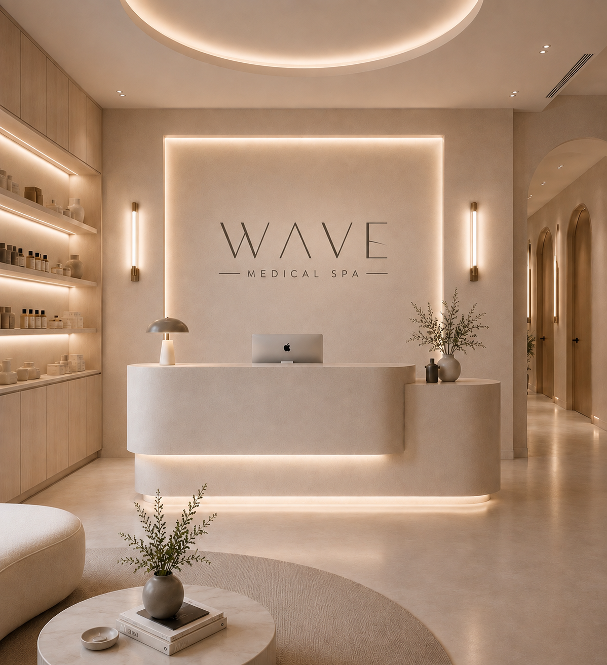 Modern reception area at Wave Medical Spa with a curved white desk, decorative vases, and minimalist lighting.