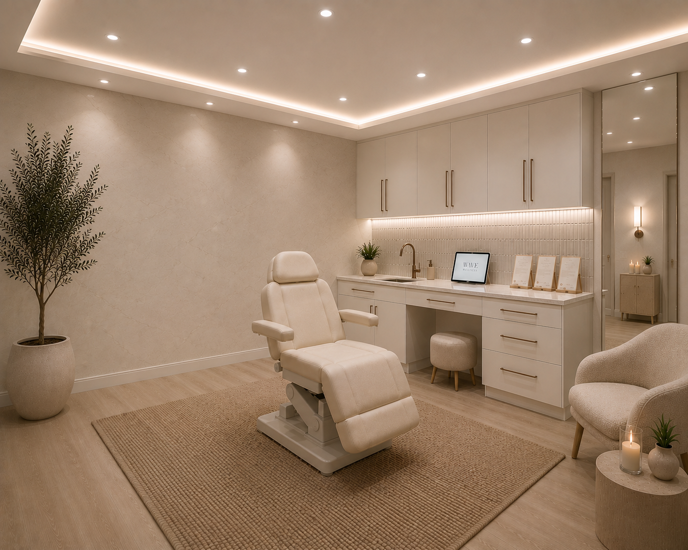 A modern medical or wellness clinic room with a white reclining examination chair, a side table with candles and small plants, a minimalist kitchenette with cabinets, a tablet on the counter, and soft ambient lighting.