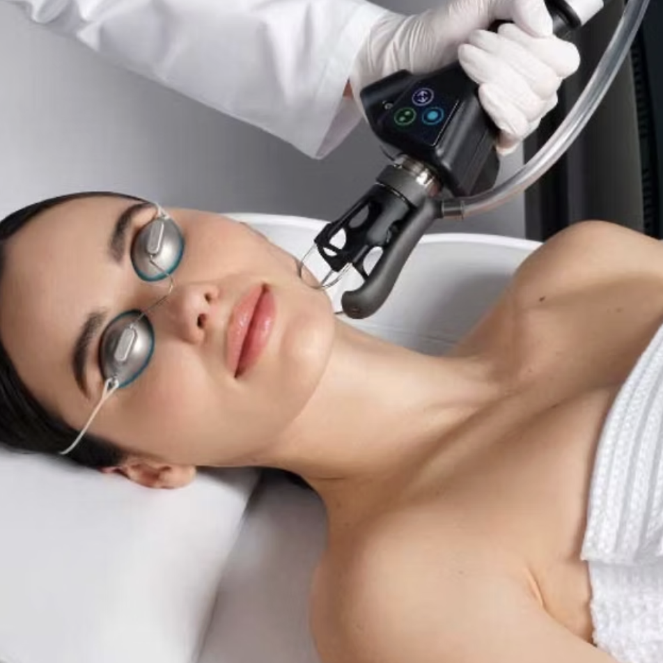 A woman lying on a medical examination bed during a procedure, with medical staff using a laser device near her neck.