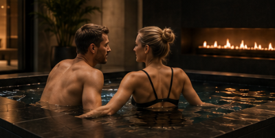 A man and woman sitting in a hot tub at night, engaging in conversation with a fireplace in the background.