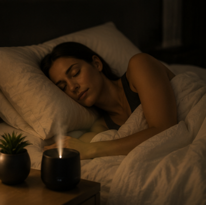 A woman sleeping peacefully in bed with a black essential oil diffuser emitting vapor nearby