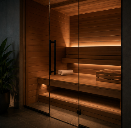Inside a wooden sauna with a rolled towel on the bench and glass doors.