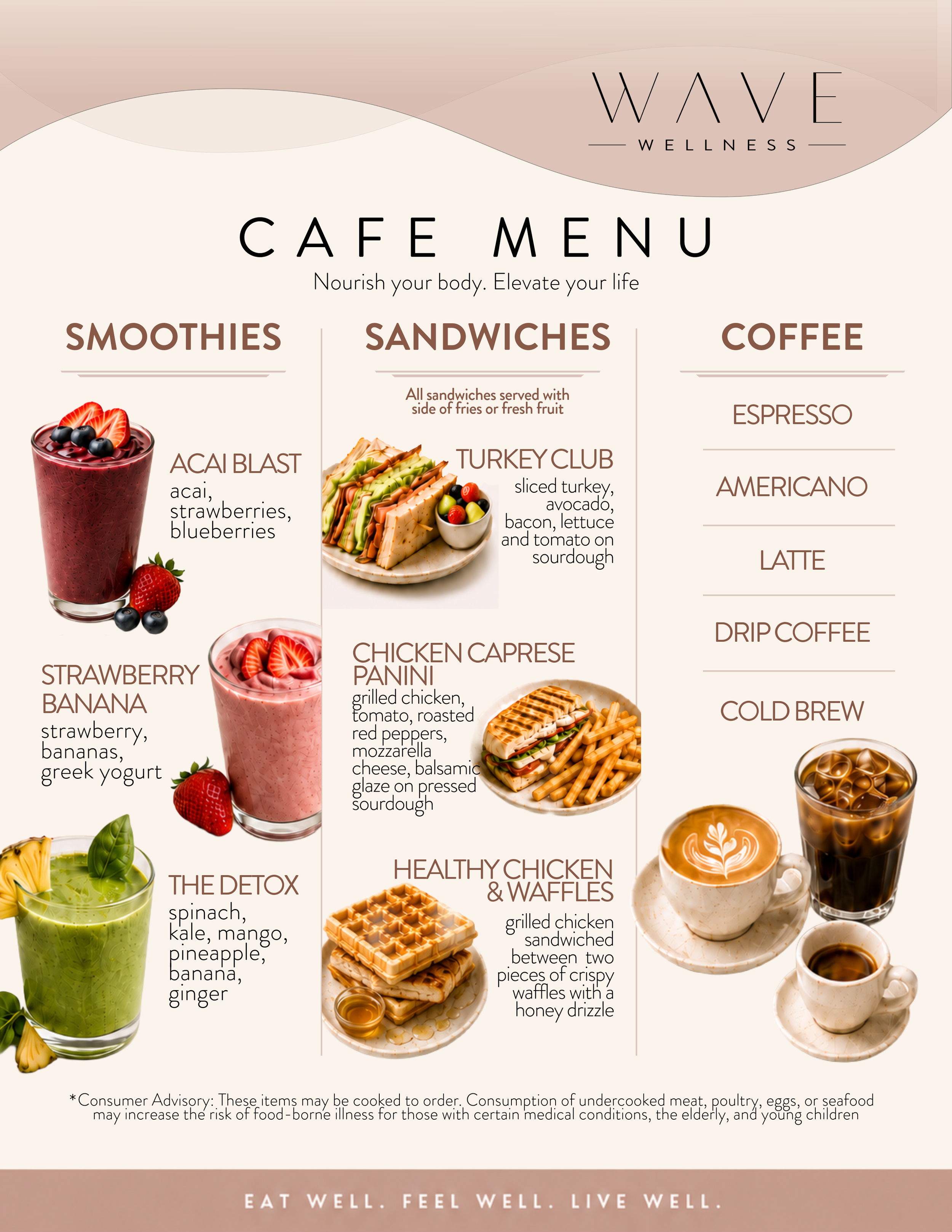 Menu for Wave Wellness Cafe featuring smoothies, sandwiches, and coffee options. Smoothie options include acai blast, strawberry banana, and detox. Sandwiches include turkey club, chicken caprese panini, and healthy chicken & waffles. Coffee options include espresso, Americano, latte, drip coffee, and cold brew.