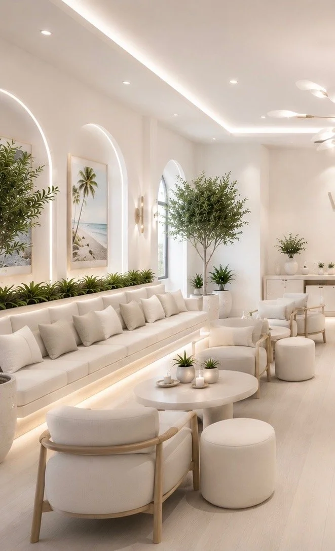 Bright, modern living room with white walls, furniture, and decor. Features a long white sofa with matching pillows, round chairs and ottomans, and numerous green potted plants. Wall art depicts tropical beach scenes, and the room has recessed lighting, large arched windows, and minimalist design.