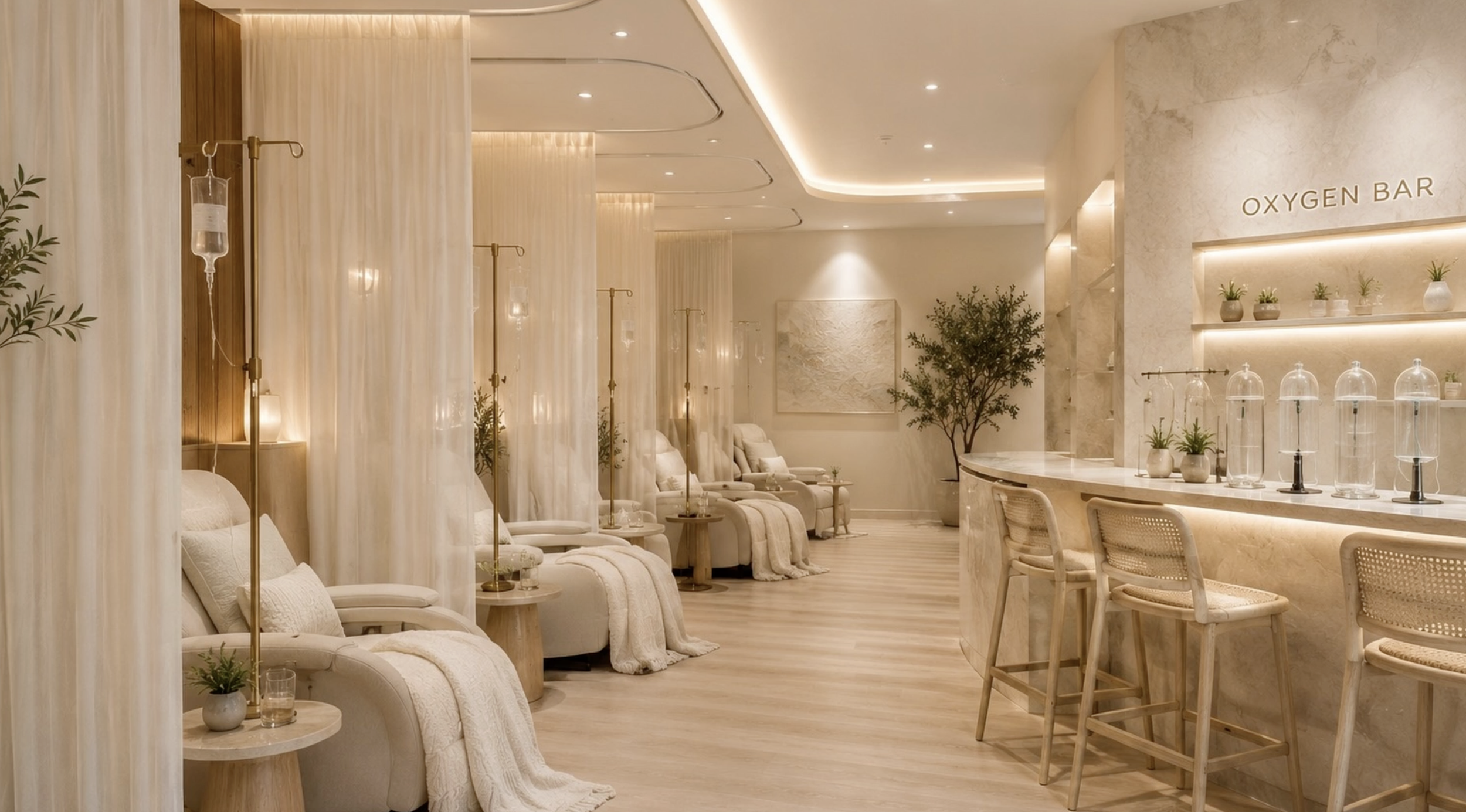 A luxurious spa lounge with white reclined chairs and canopy beds, IV drip stands, and a cozy atmosphere illuminated by warm lighting. There is a bar area marked "Oxygen Bar" with plants and decorative items.