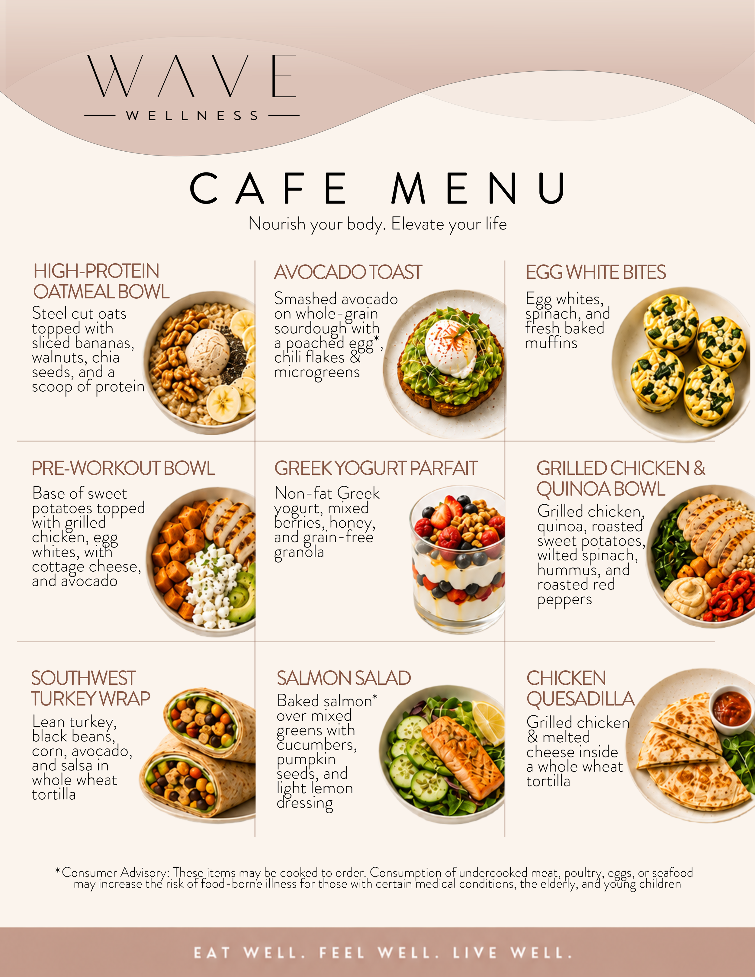 Cafe menu featuring healthy food options including high-protein oatmeal bowl with nuts and sliced bananas, avocado toast with poached egg, egg white bites with spinach, pre-workout bowl with sweet potatoes and grilled chicken, Greek yogurt parfait with berries, salmon salad, grilled chicken and quinoa bowl, southwest turkey wrap with beans and avocado, and chicken quesadilla with melted cheese inside a whole wheat tortilla.