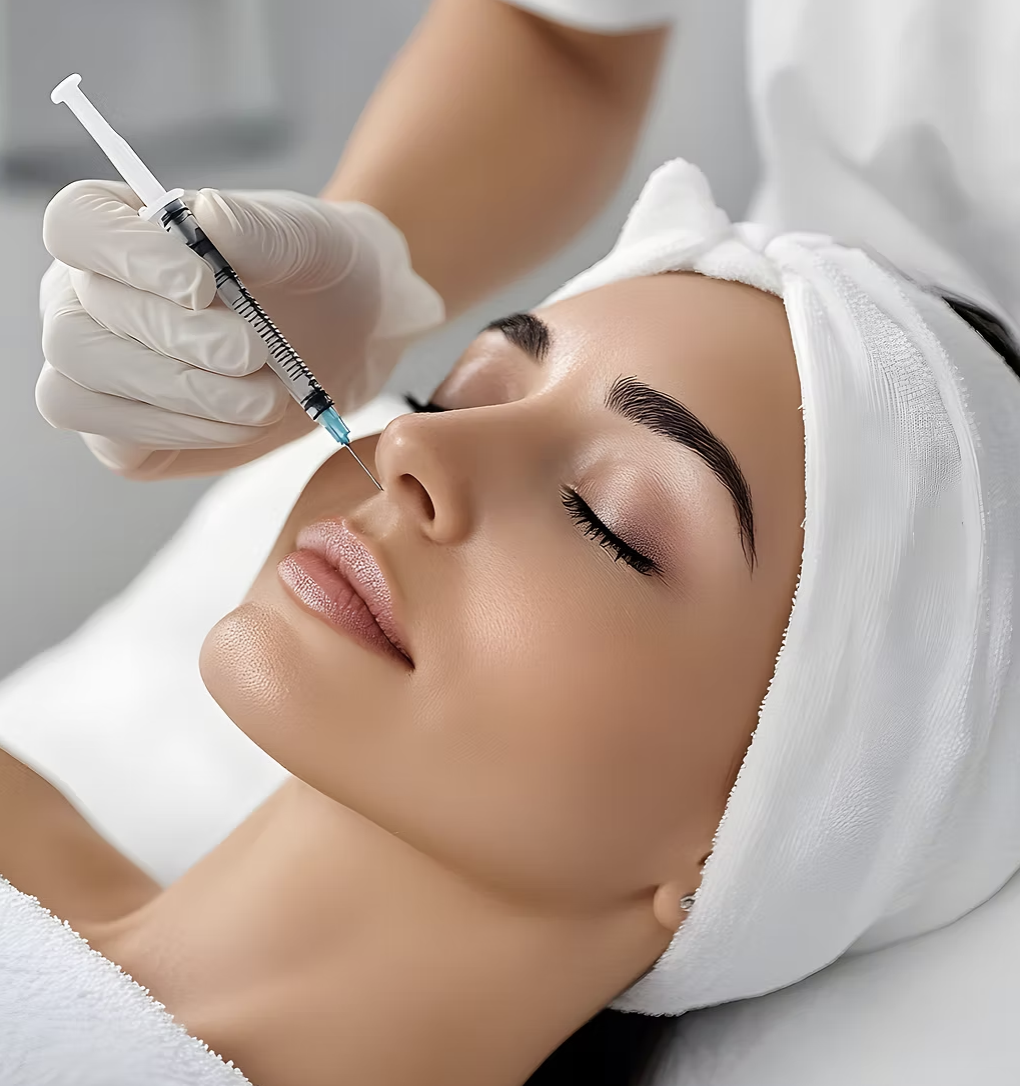 A woman receiving a cosmetic injection in her nose from a professional wearing gloves.
