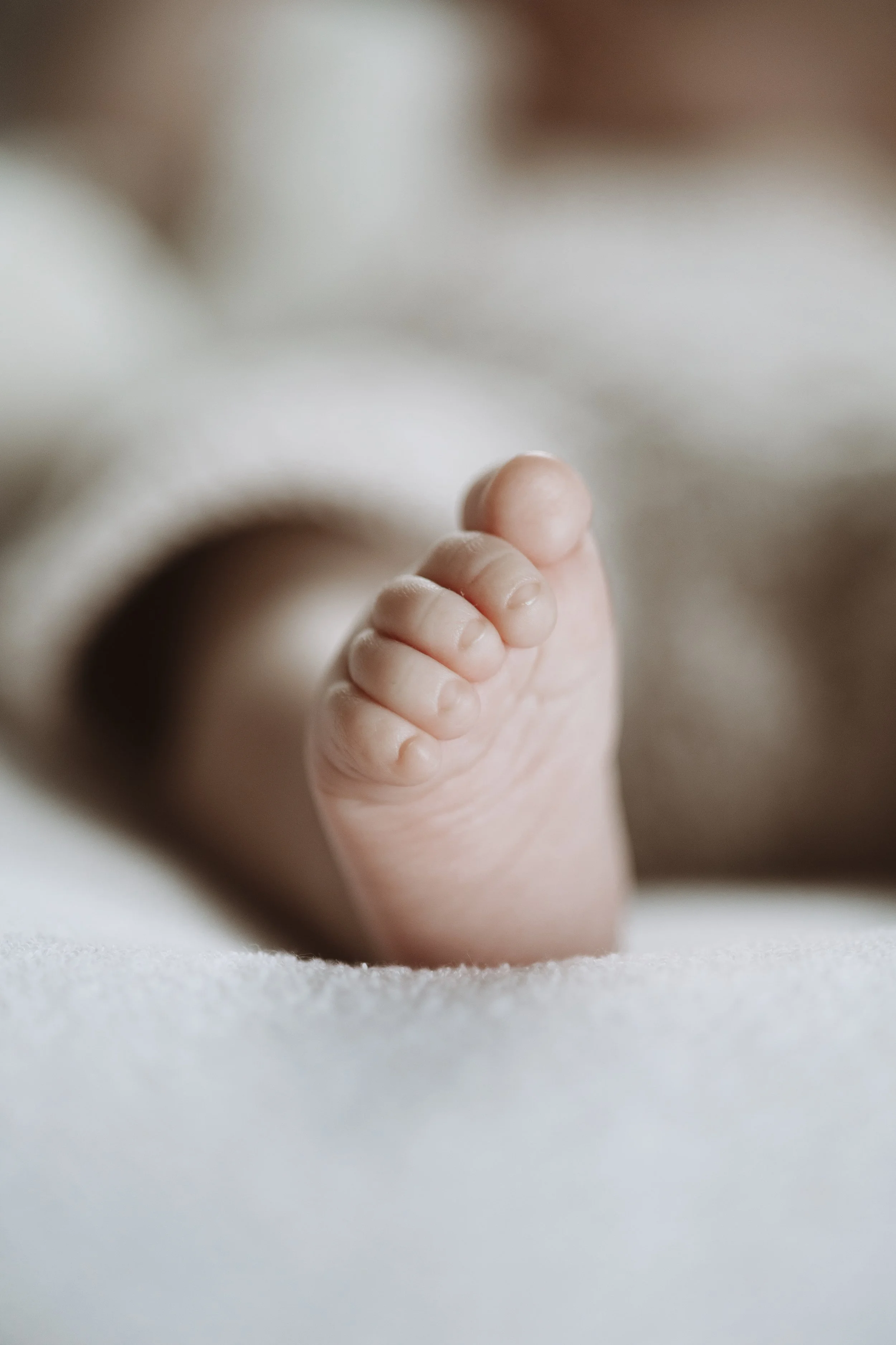 Close-up of a tiny baby foot with curled toes, resting on a soft, white surface.