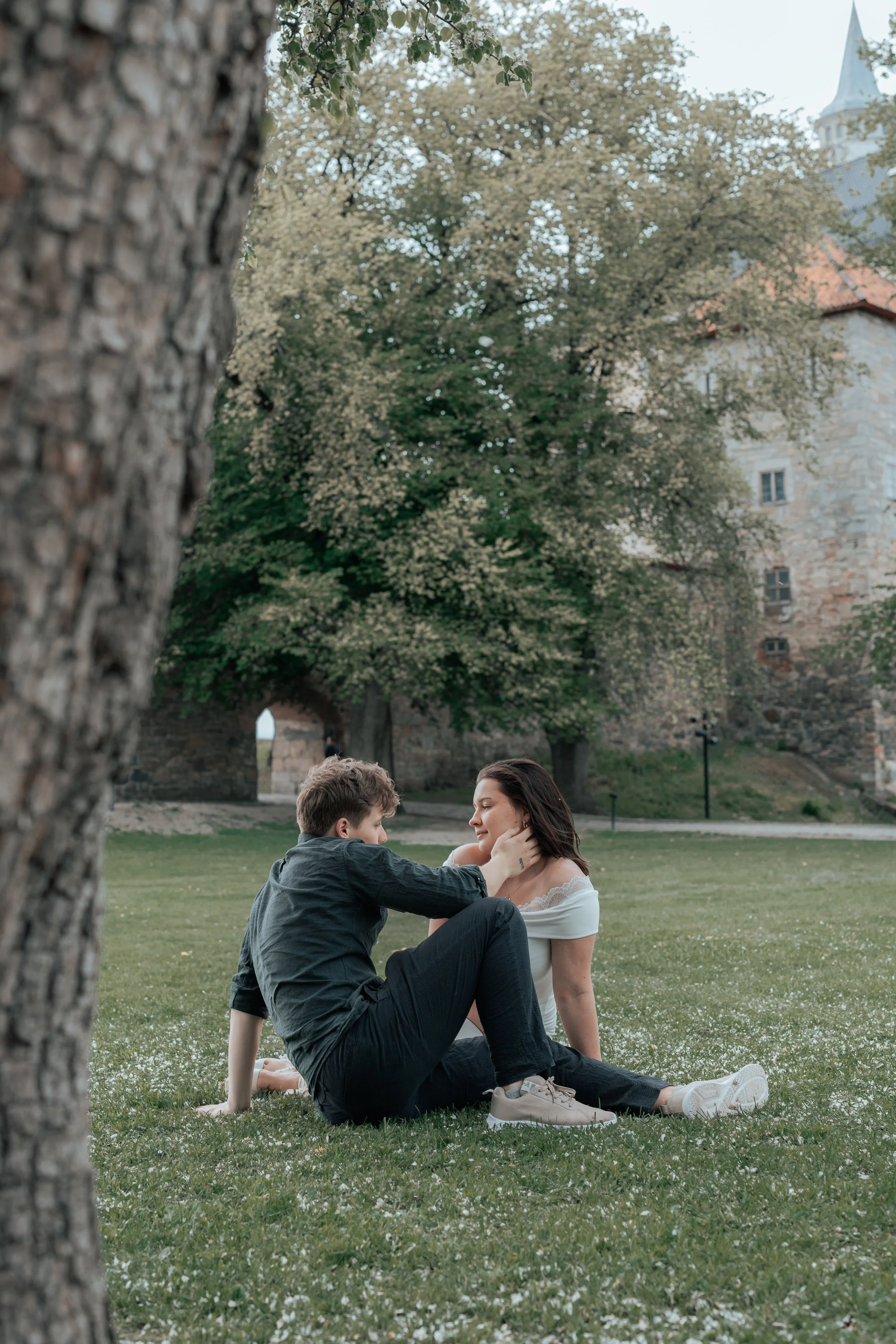 A young man and woman are sitting on the grass in a park, looking at each other affectionately, with a large tree and historic stone building in the background.
