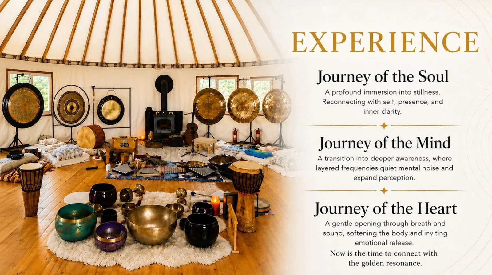 A cozy yurt interior with various percussion and sound healing instruments, including gongs, drums, sound bowls, and chimes, arranged on a wooden floor with windows revealing a green landscape outside.