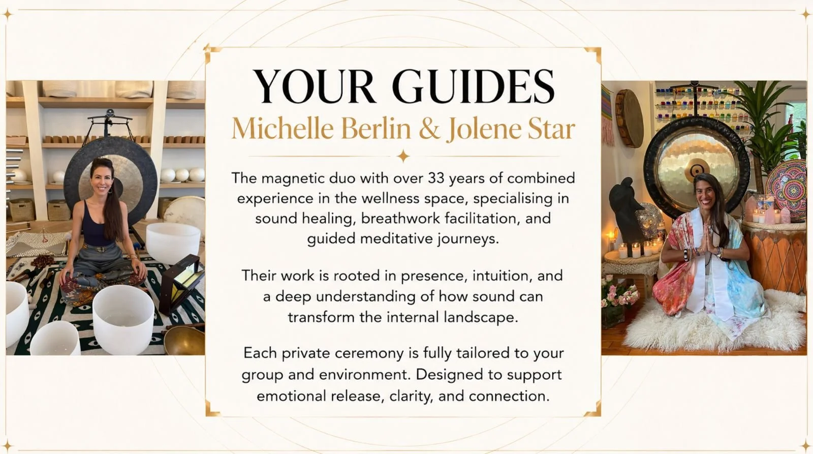 Promotional image featuring Michelle Berlin and Jolene Star, promoting their wellness guides, sitting in meditation and sound healing spaces, with sound bowls, gongs, and decorative elements.