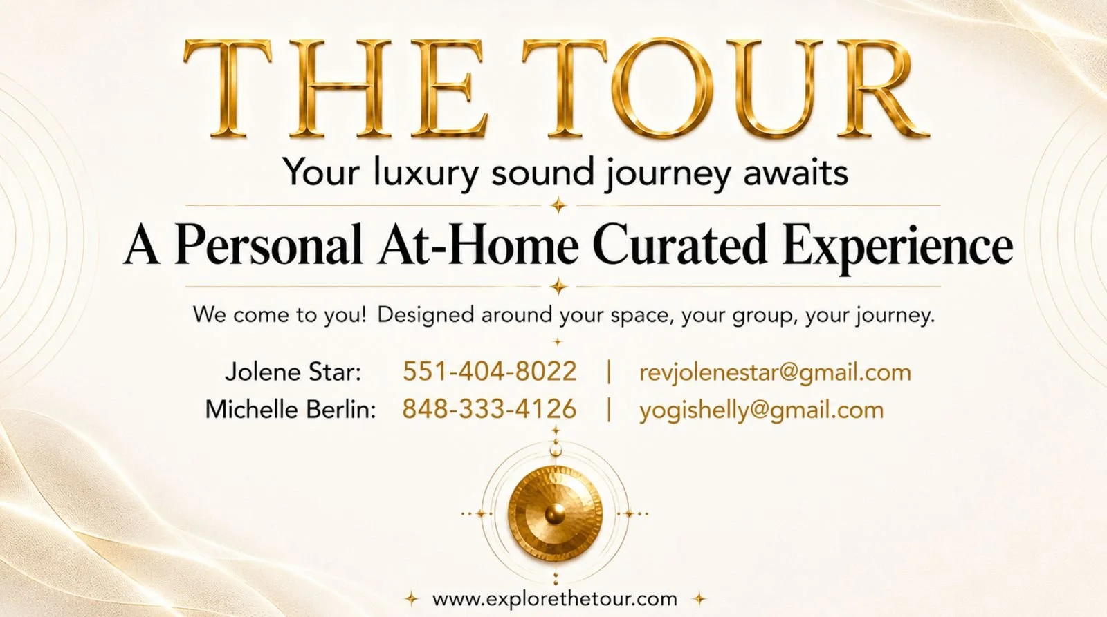 Advertisement for a luxury sound experience titled 'The Tour'. It offers a personal at-home curated experience. Contact information for Jolene Star and Michelle Berlin, including phone numbers and emails, is provided. The website www.explorethetour.com is also mentioned.