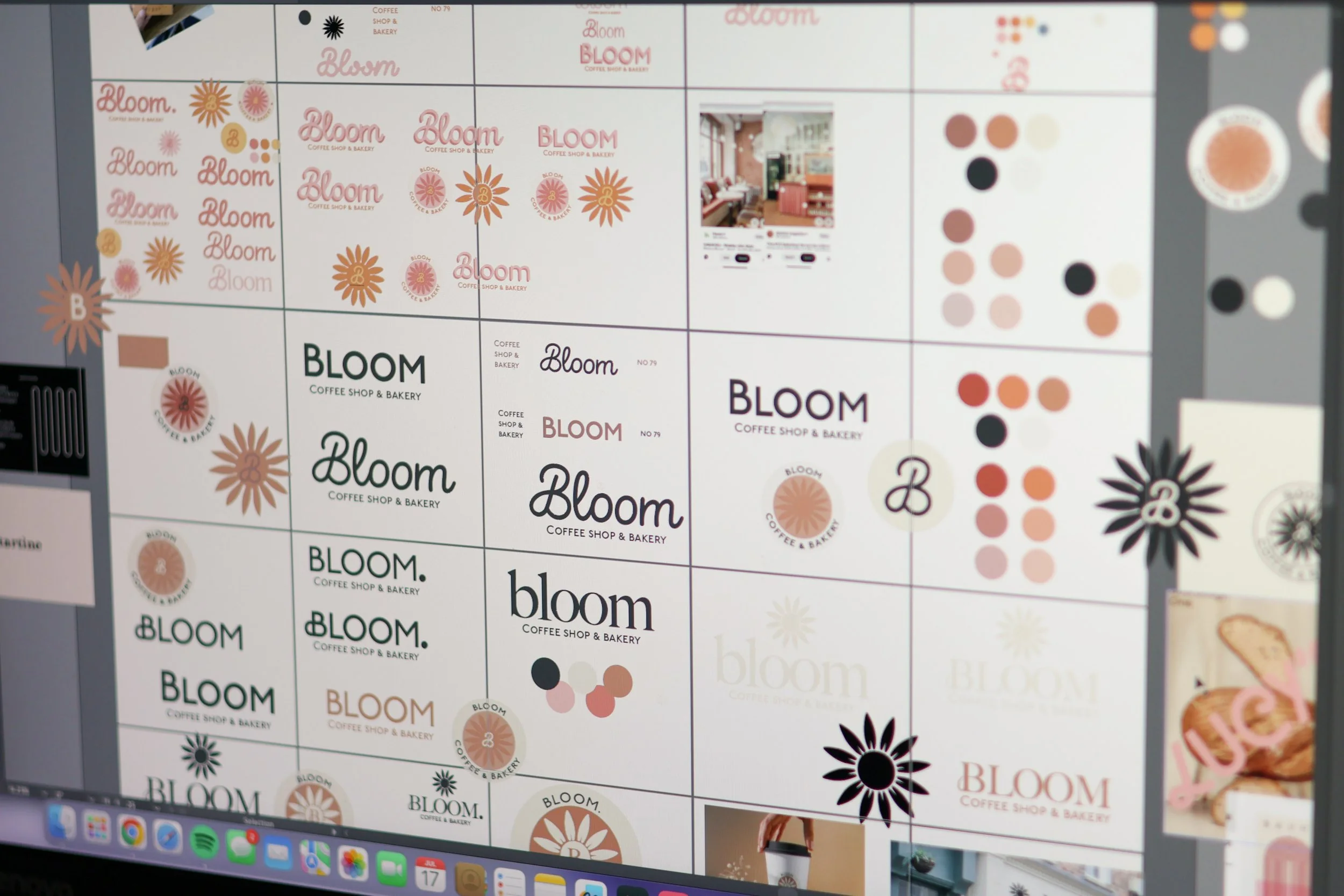 Computer screen displaying multiple logo designs for Bloom Coffee Shop & Bakery in various styles and colors, with some design mockups and color palettes visible.