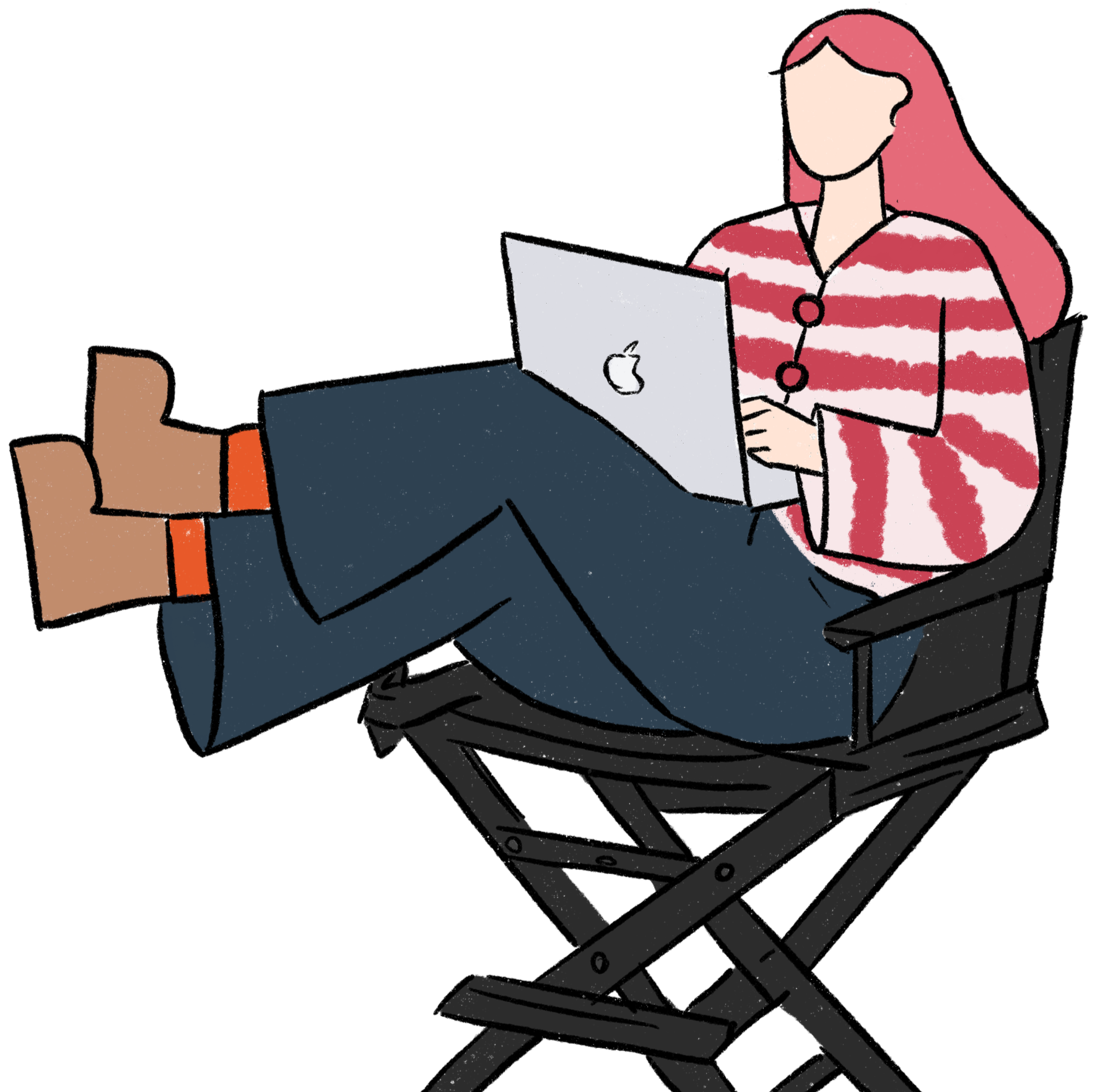 Illustration of a person with pink hair in a striped jumper sitting at a desk using a silver laptop, with stacked papers or envelopes next to the desk.