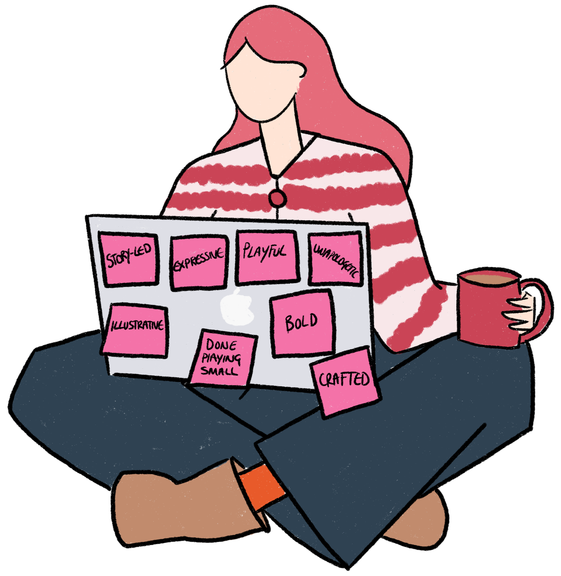 Illustration of a person sitting on the floor, working on a laptop with pink sticky notes containing words like "story-led," "expressive," "playful," "clear," "bold," "illustrative," "done playing small," and "crafted."
