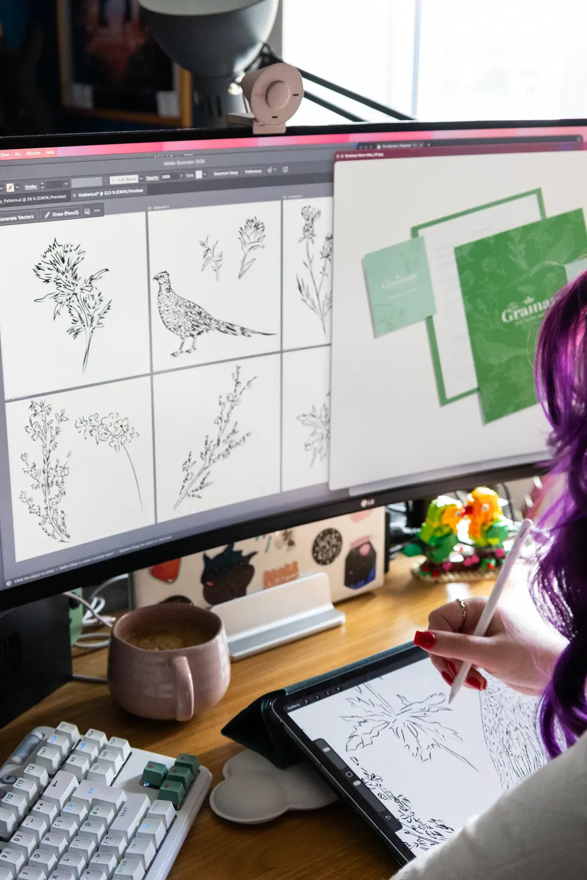 Person with purple hair drawing botanical sketches on a tablet at a cluttered desk with a computer monitor displaying vector illustrations of plants and a bird, a keyboard, a coffee mug, and other decorative items.
