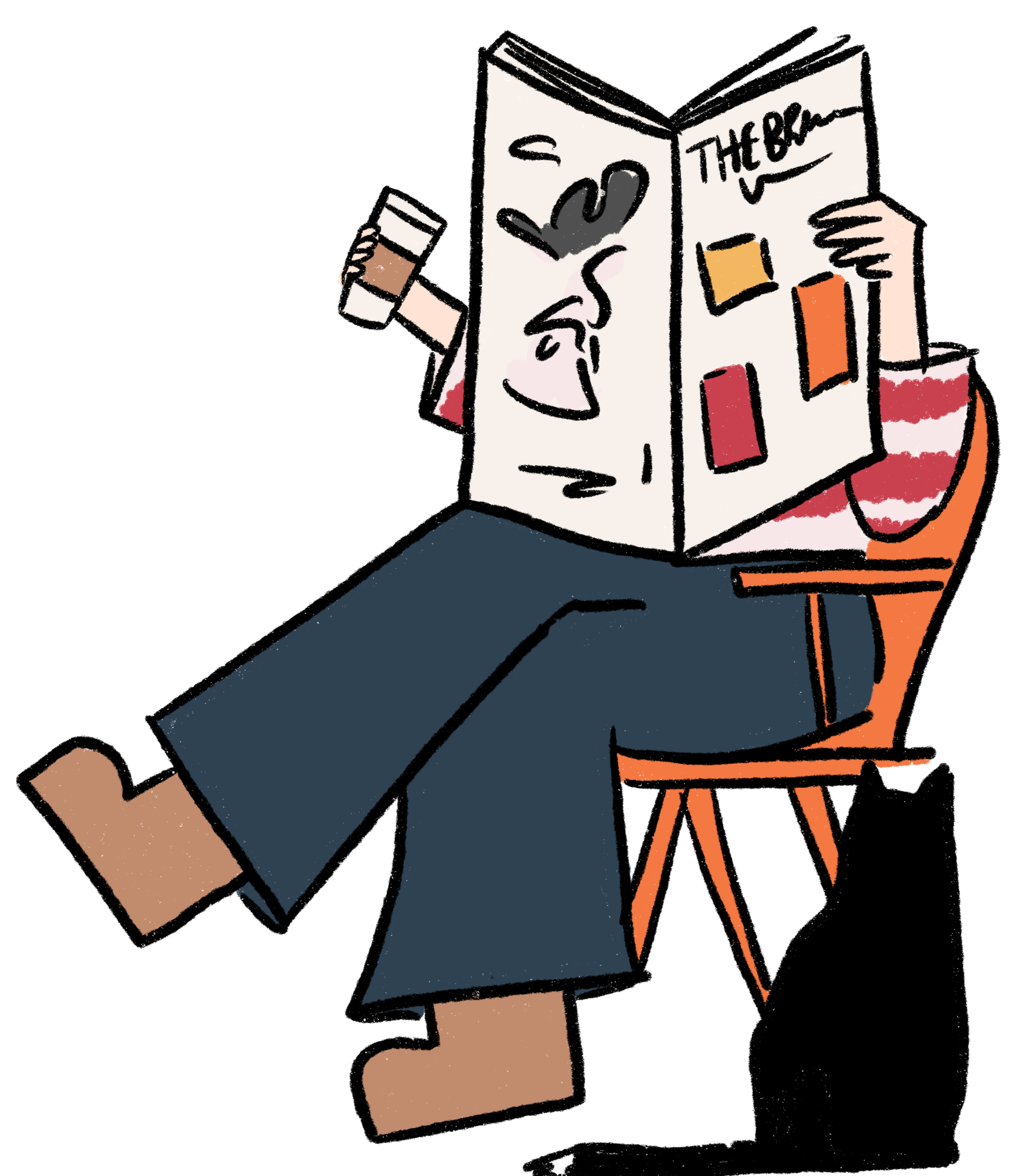 Illustration showing a women holding a coffee with a newspaper titled 'The Brand News'