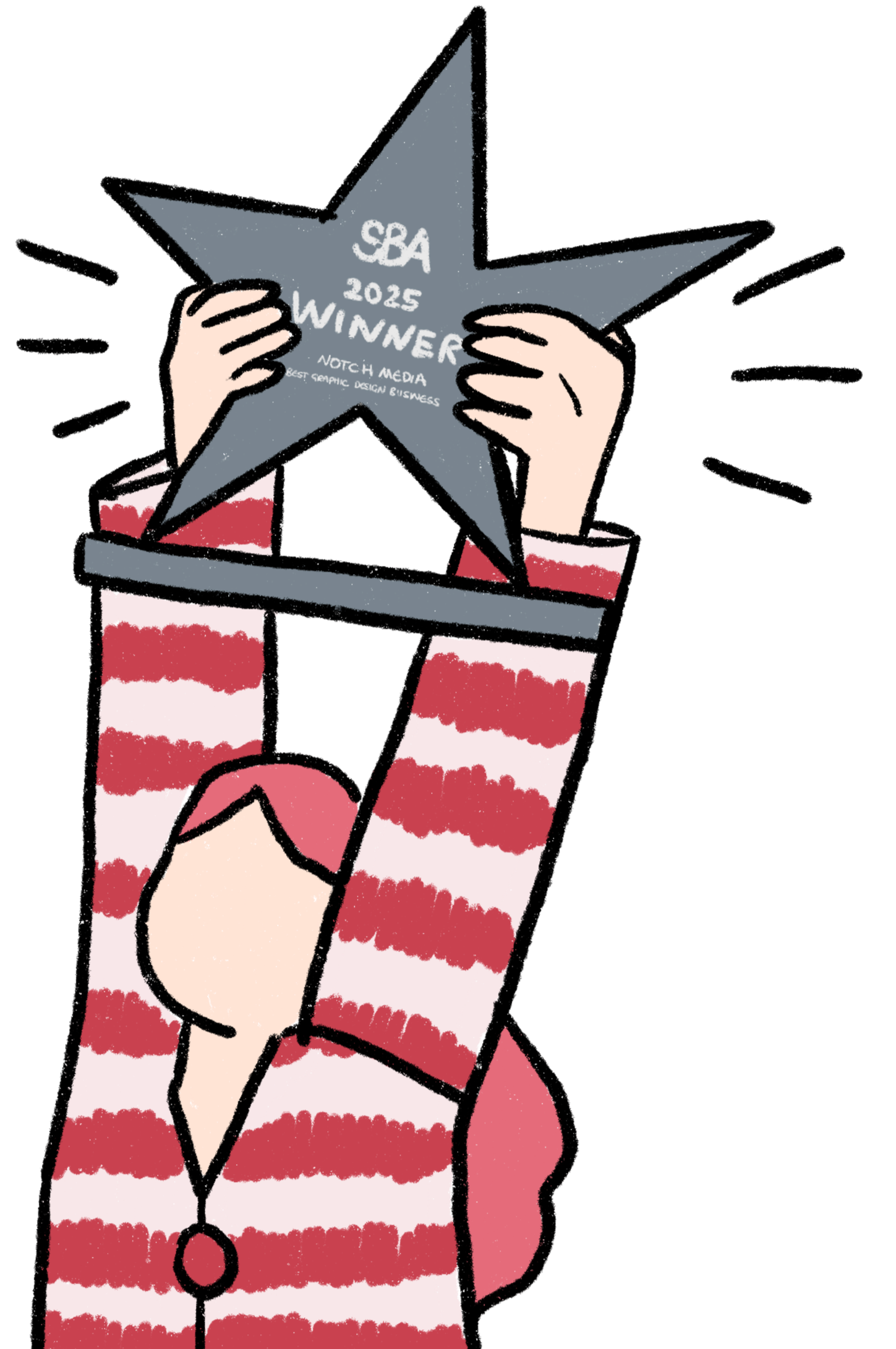 Person wearing a pink and red striped sweater holding a star-shaped award that reads "SBA 2025 Winner Notch Media Best Graphic Design Business."