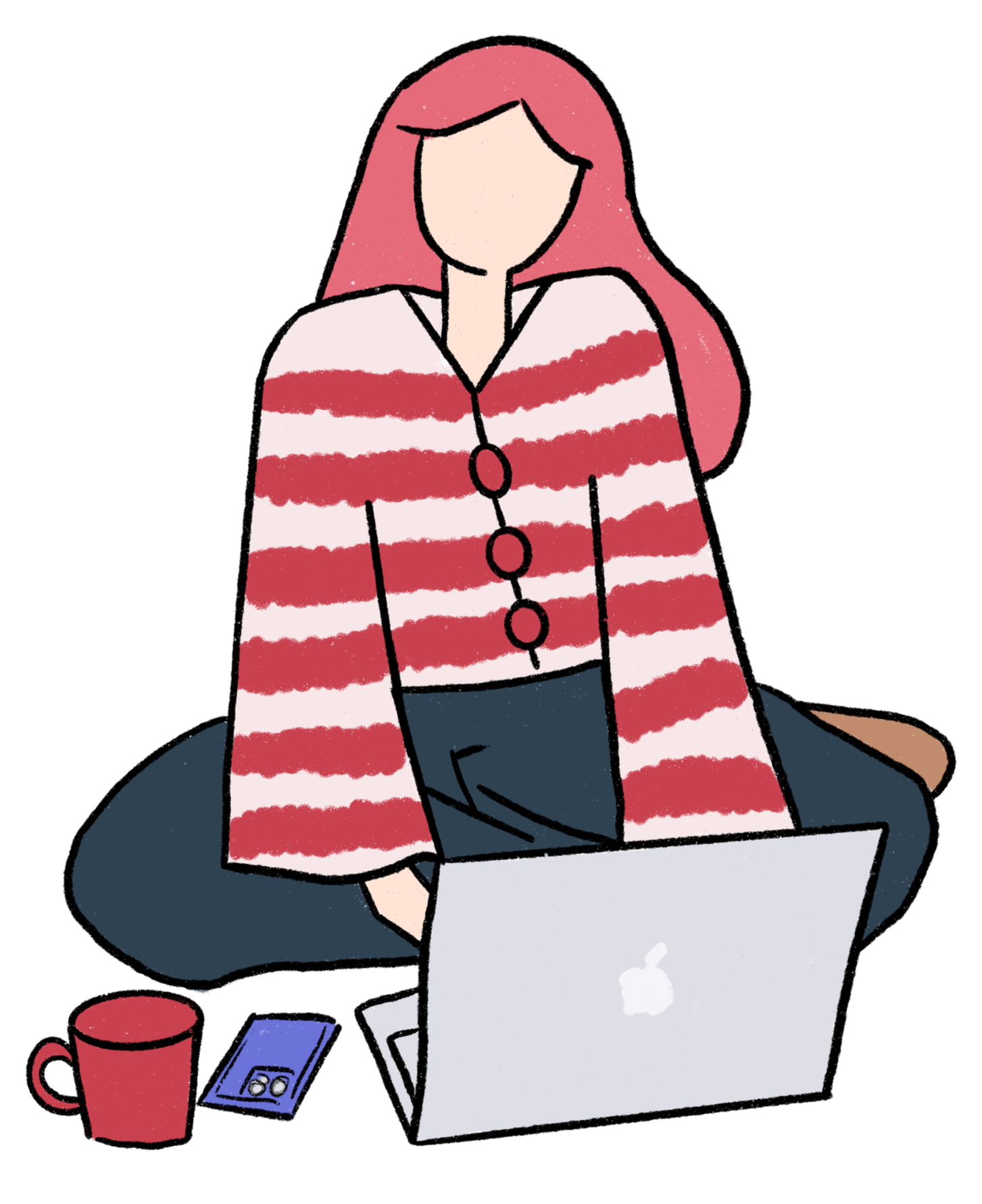 Illustration of a woman with long pink hair working on a laptop at a desk, wearing a red and white striped sweater with large buttons, with coffee and electronic devices on the desk.