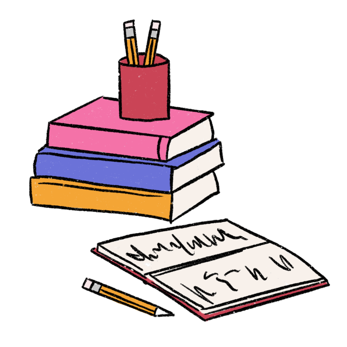 A stack of three books with pink, blue, purple, and orange covers, a red mug with three pencils inside on top of the books, and a notebook with handwritten notes and a pencil nearby.