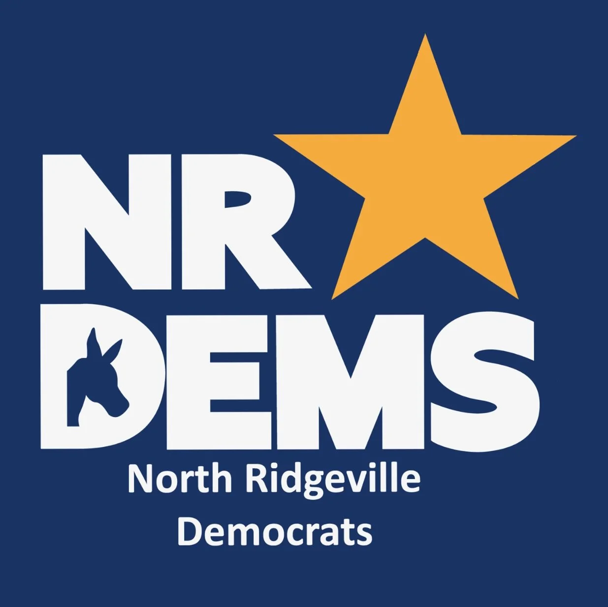 Graphic with blue background, white text reading "NR DEMS" and "North Ridgeville Democrats," with a large orange star and a donkey silhouette in place of the 'A' in 'DEMS'.