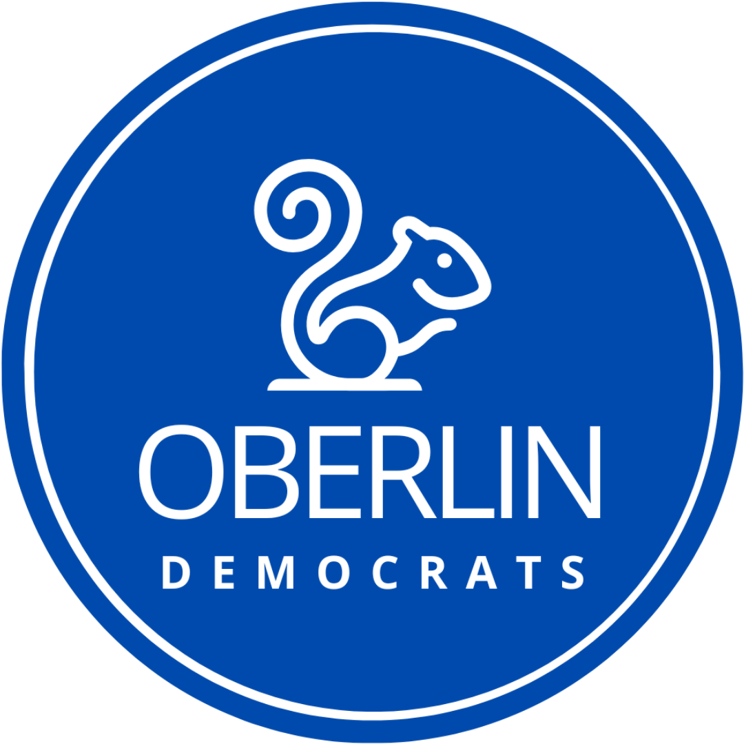 A blue circular logo with a white stylized mouse and the words 'Oberlin Democrats' in white.