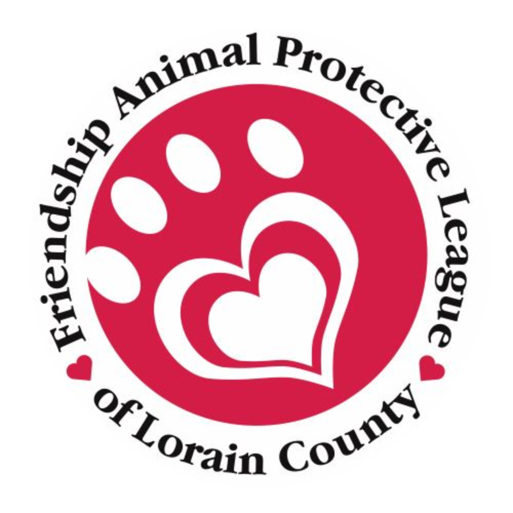 Logo of the Friendship Animal Protective League of Lorain County, featuring a red circle with a white paw print and a stylized heart shape, with black text around the circle.