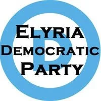 Logo of Elyria Democratic Party with a blue circle background and black and white text.