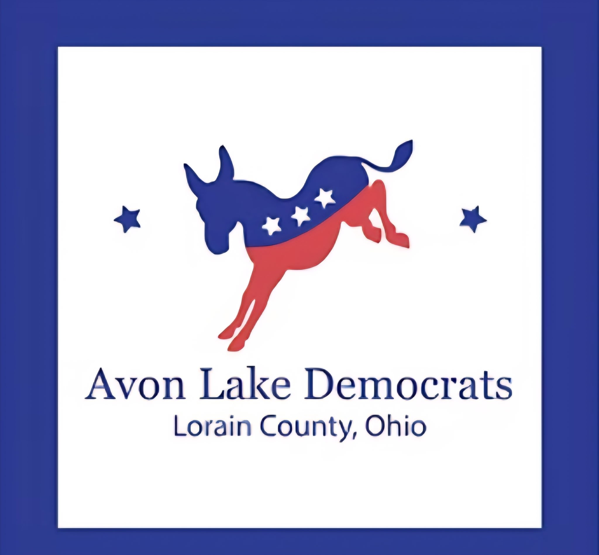 Logo for Avon Lake Democrats featuring a silhouette of a donkey colored in red, white, and blue with white stars, set against a white background with a blue border.