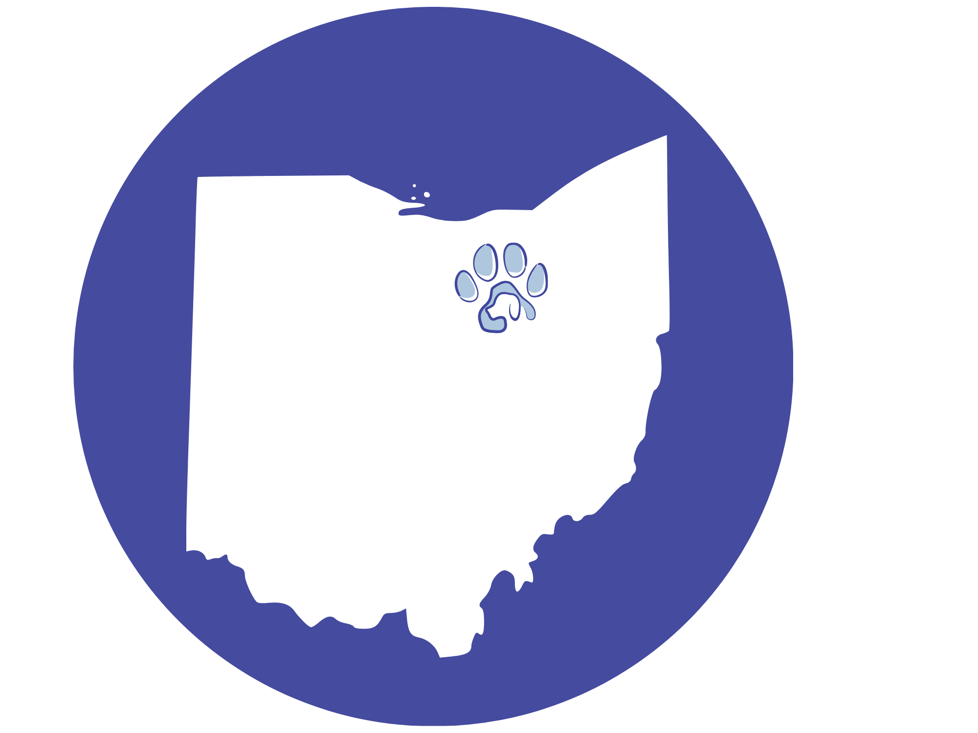 Blue outline of the state of Ohio with a paw print in the center.