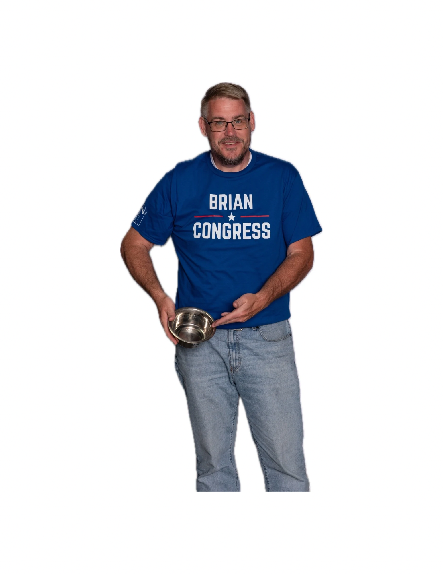 A man wearing a blue Briar Congress t-shirt and jeans, holding a metal bowl, stands against a plain white background.