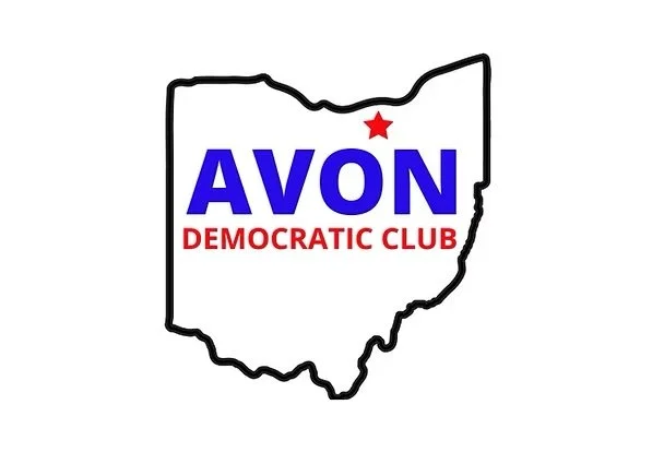 Outline of Ohio with the words 'AVON' in large blue letters and 'DEMOCRATIC CLUB' in smaller red letters beneath, and a red star above the word 'AVON'.