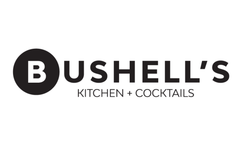 The Bushell's Logo is their name in black font with a circle around the B where the B is in the negative space, then it says Kitchen + Cocktails